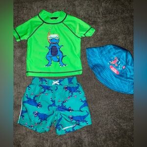 EUC 6 Month Green Dinosaur Swim Wear & Hat